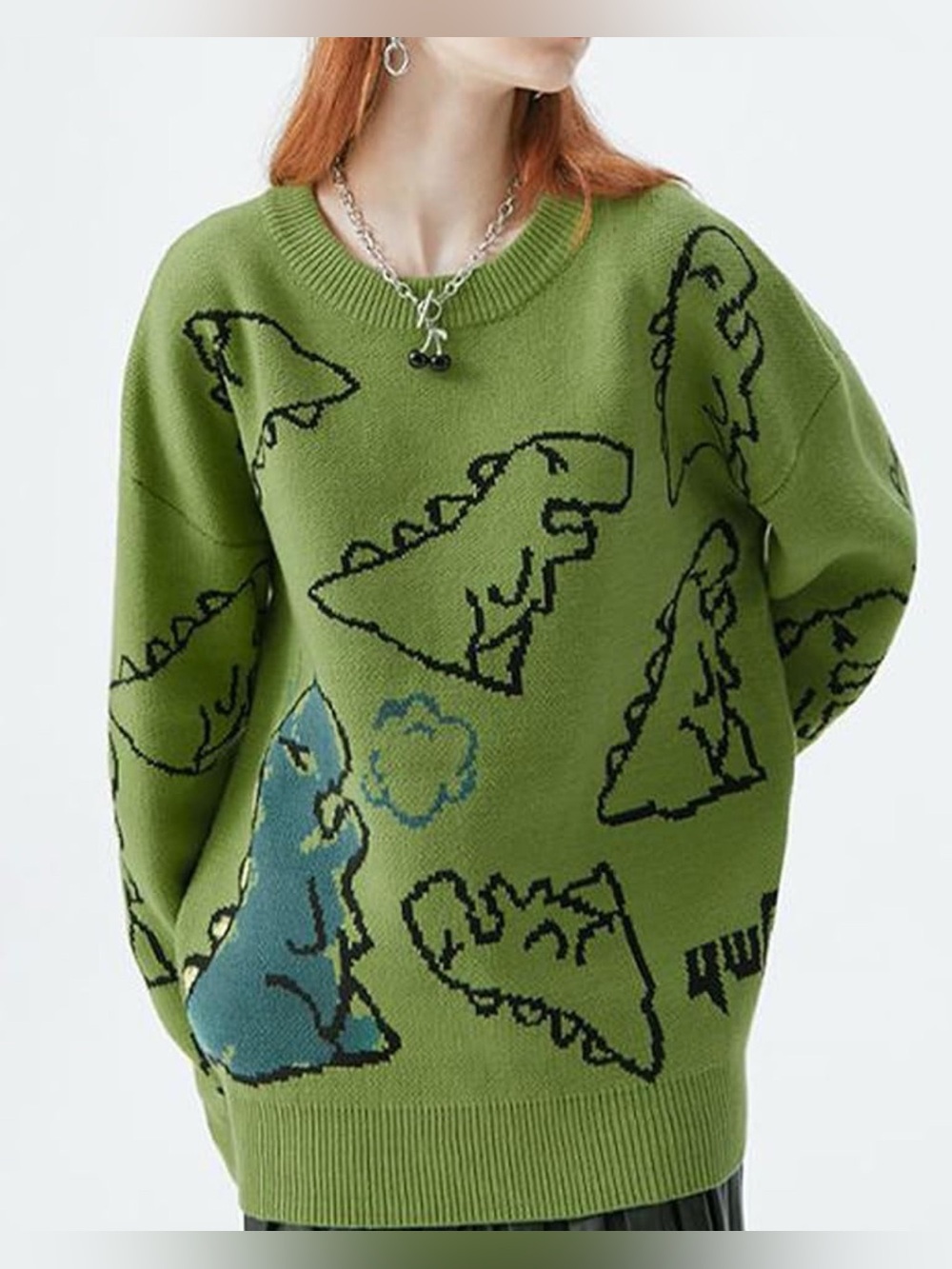 Aelfric Eden Green Dinosaur Graphic Sweater Oversized Y2K Streetwear Knit Size M